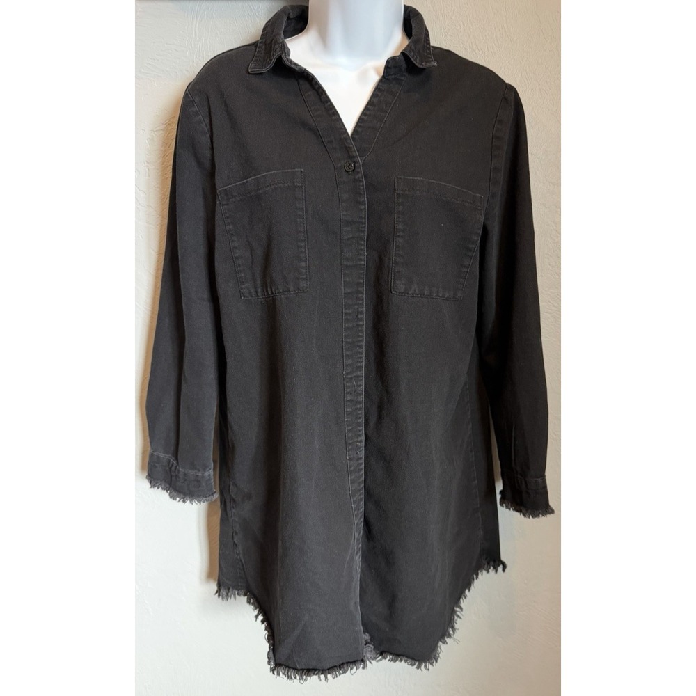 Zilcremo Dress Womens Medium Distressed Black Denim Longline Frayed Hem Shirt